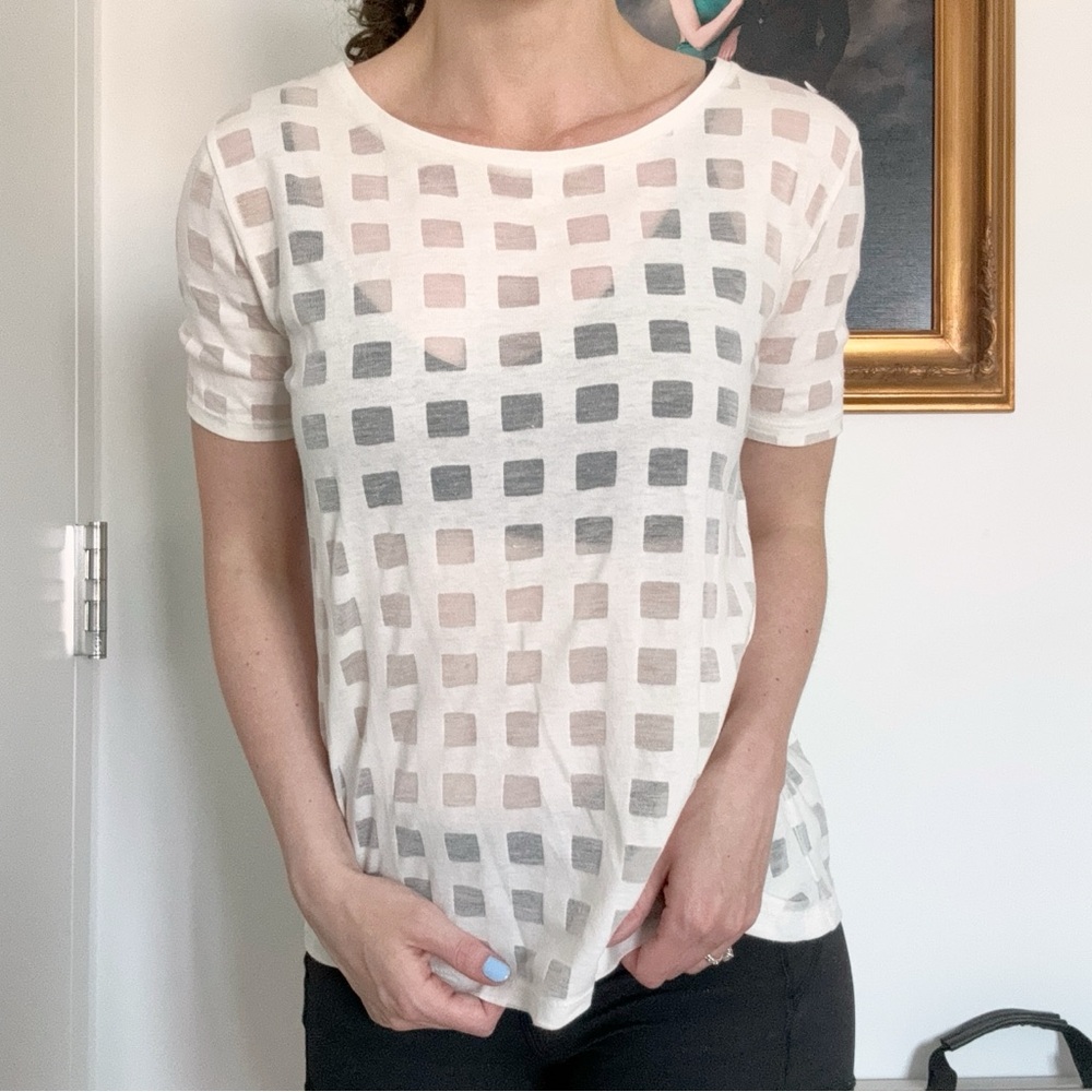 Pimkie Cream Sheer Windowpane T-Shirt Neutral Casual Summer Beach Sexy Geometric